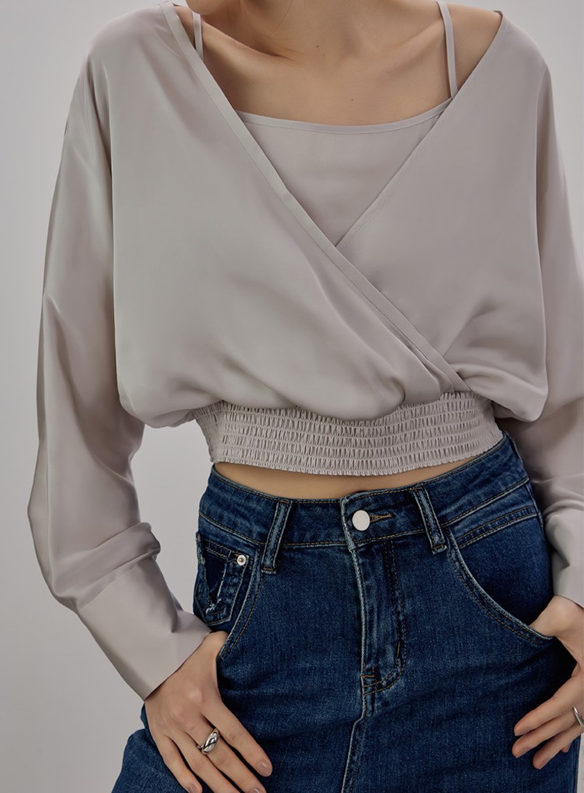 假兩件式光澤交叉上衣